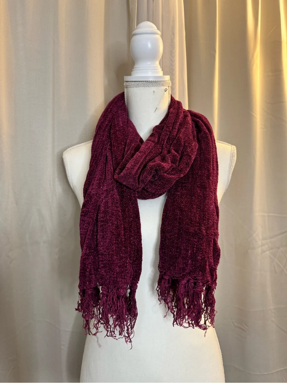 Plush Chenille Fringed Wrap Scarf - Burgundy
